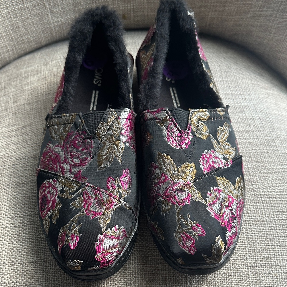 Toms Black Slip-On Loafers with Pink and Gold Floral Embroidery